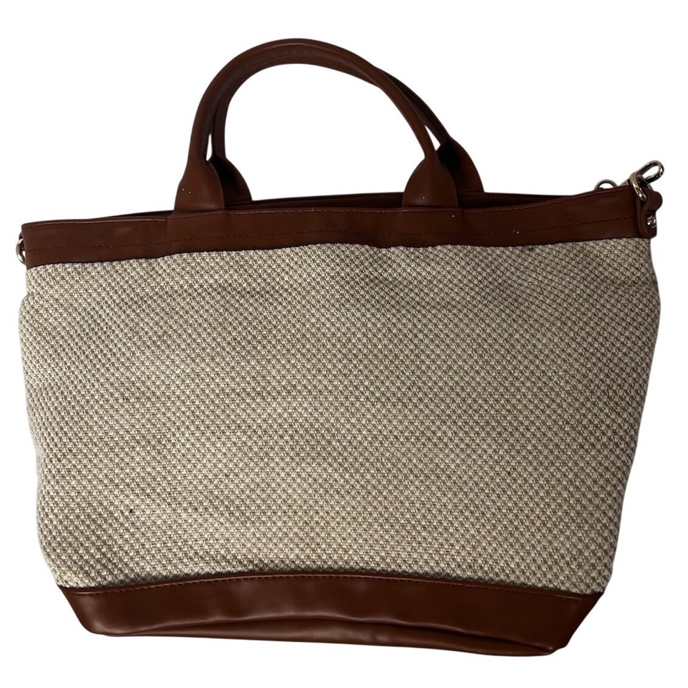 Moda Luxe Woven Canvas Tote Bag Brown Faux Leather Trim